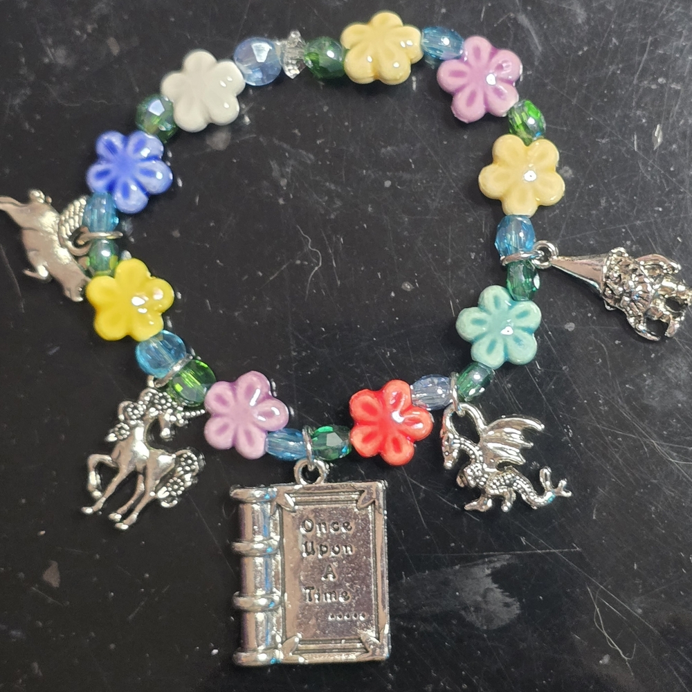 Handmade Multicolor Flower Charm Bracelet with Storybook Pendant